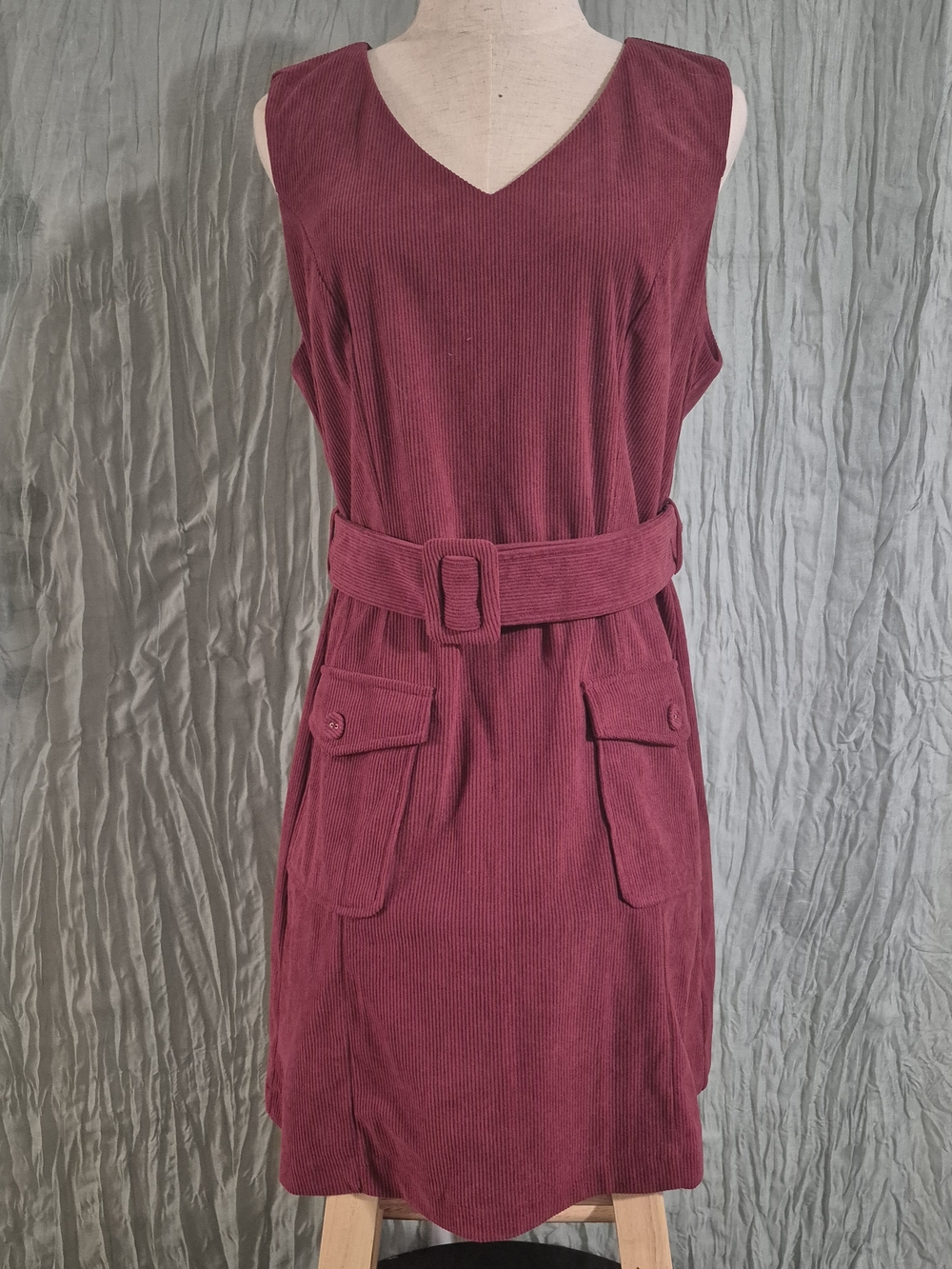 Sleeveless Corduroy Belted Mini Dress in Burgundy
